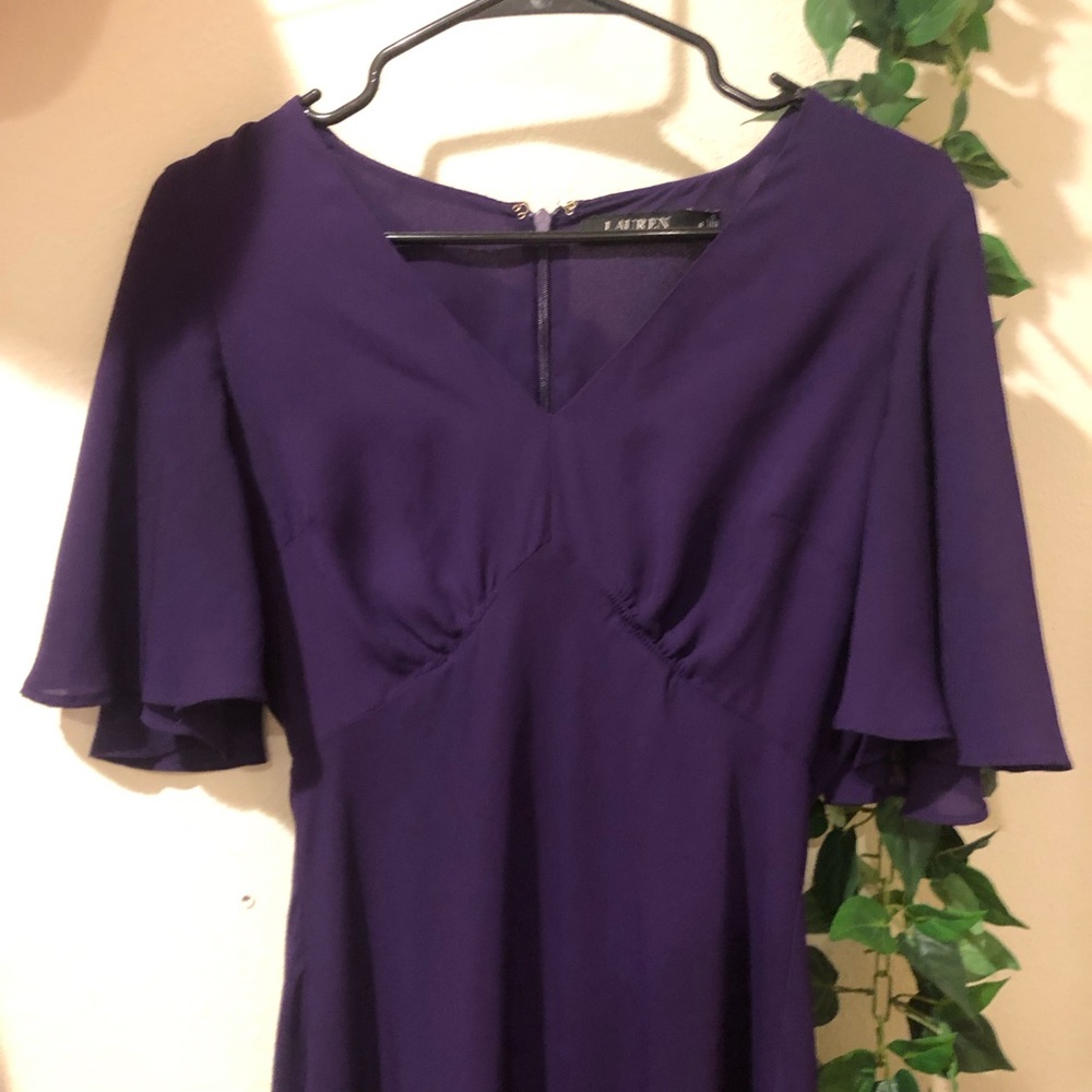 Ralph Lauren purple violet flutter sleeve button fit and flare A-line dress